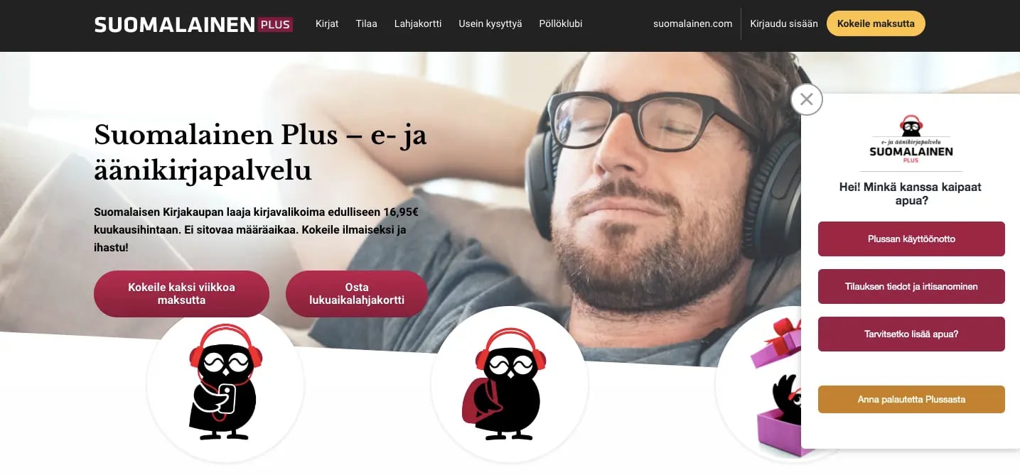 Chatbot on Suomalainen Kirjakauppa ebook and audiobook service page