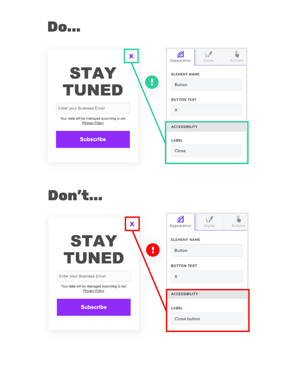 Two forms with examples of adding a close button for web accessibility 