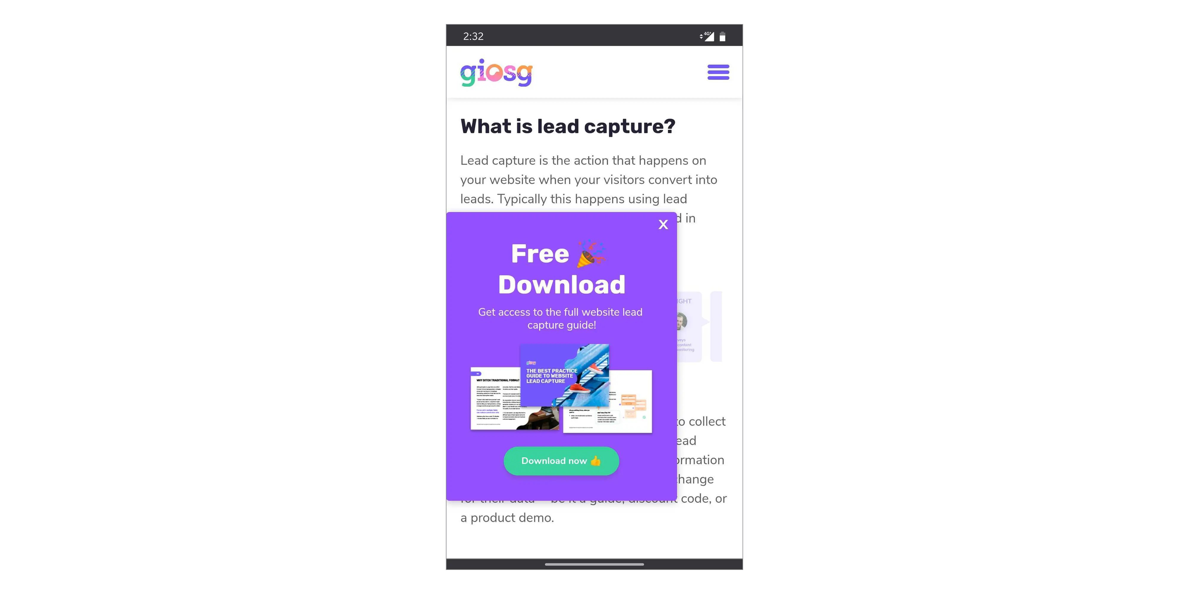 Lead capture pop-up for a free download on a mobile device 