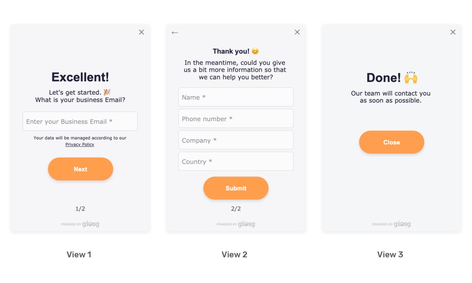 The three steps of giosg pop-up lead capture form template