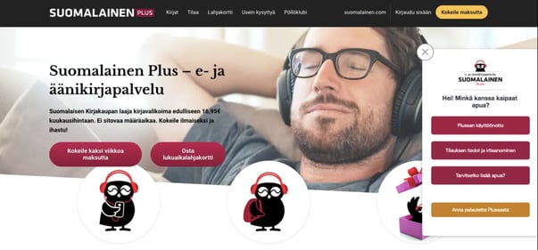 Chatbot on Suomalainen Kirjakauppa ebook and audio book service page