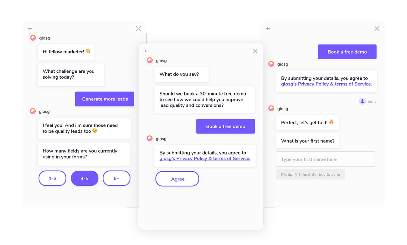 giosg button-based bot having a conversation with a website visitor